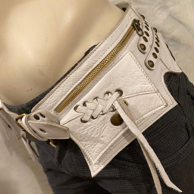 White and Blue Leather Pocket Belt, Utility Belt, Burning Man